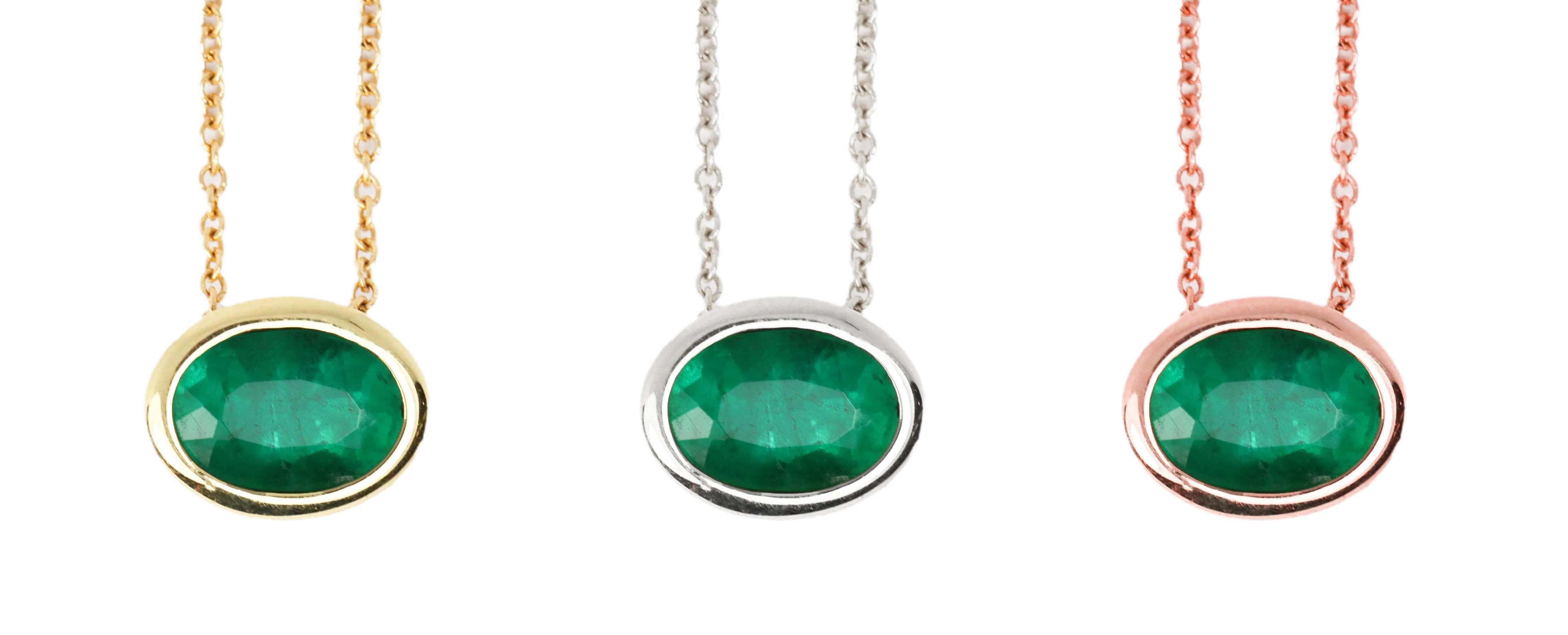 1.30 Carat Rich Green Bezel Set Oval Emerald Stationary Slider Necklac