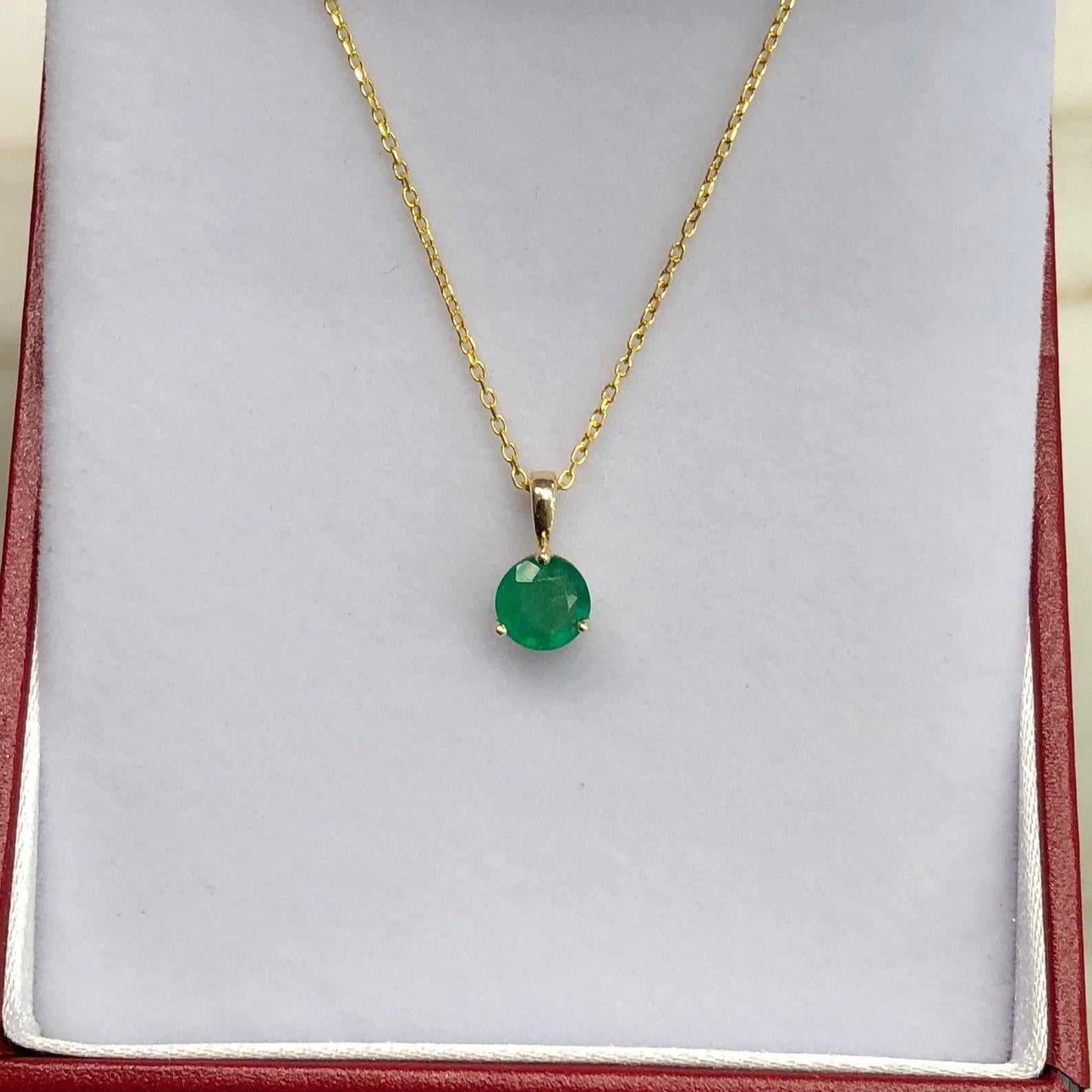 0.80 carat dainty round emerald pendant in 14K yellow gold with three-prong setting