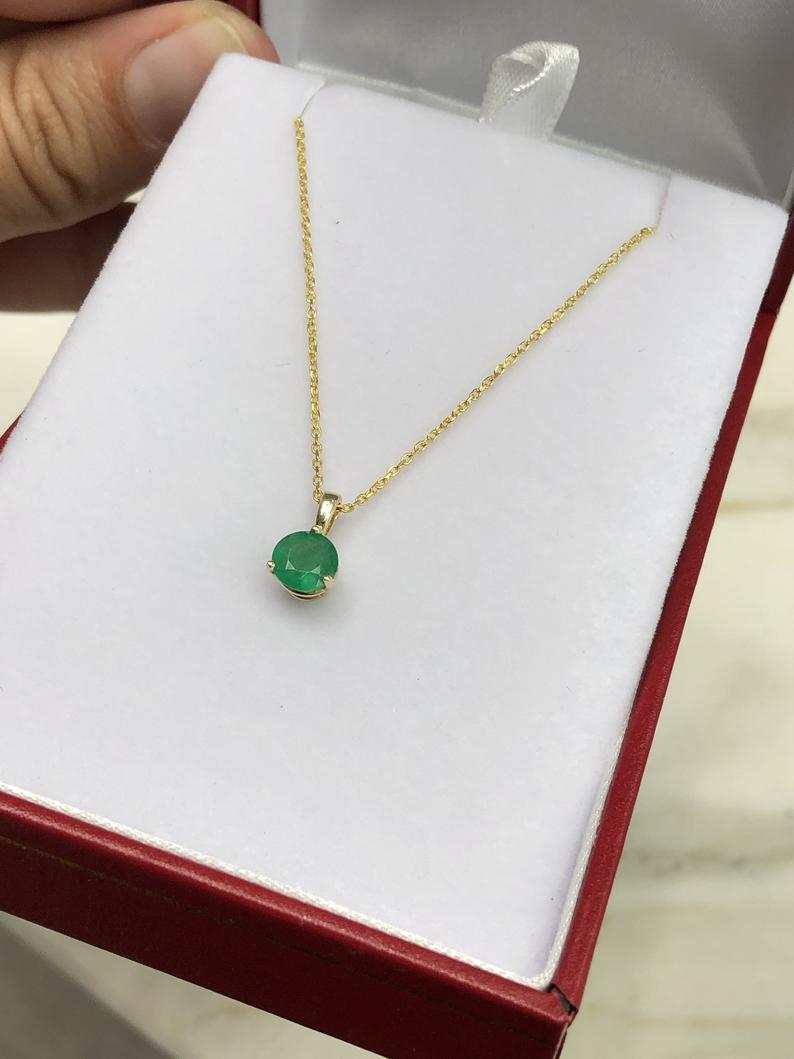 0.80 Carat Dainty Petite Three Prong Round Emerald Pendant 14K