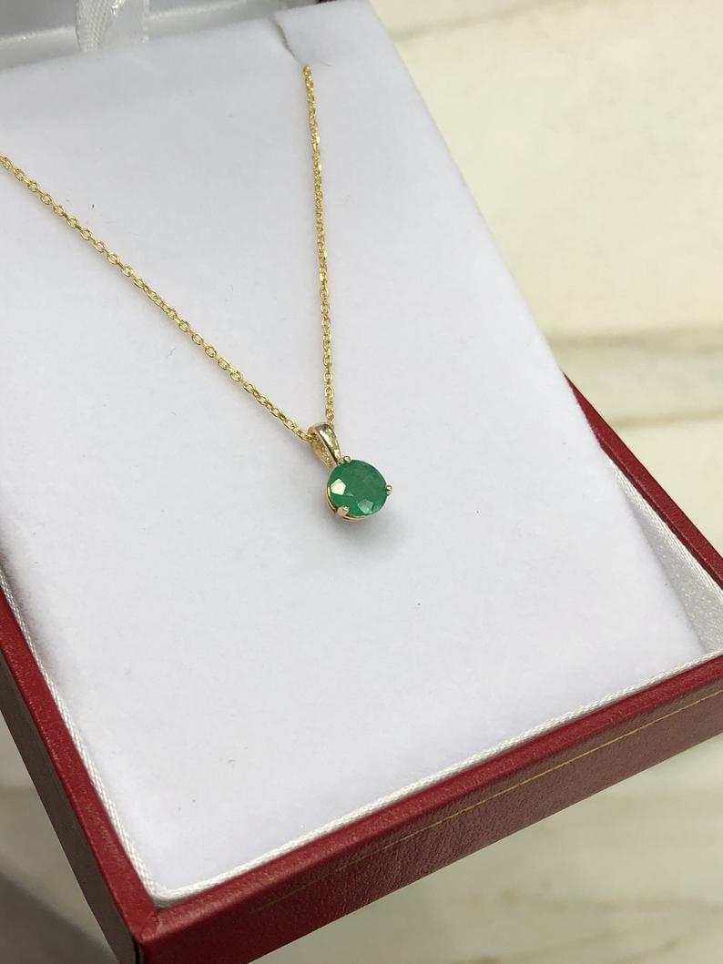 0.80 Carat Dainty Petite Three Prong Round Emerald Pendant 14K