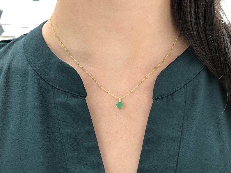 0.80 Carat Dainty Petite Three Prong Round Emerald Pendant 14K