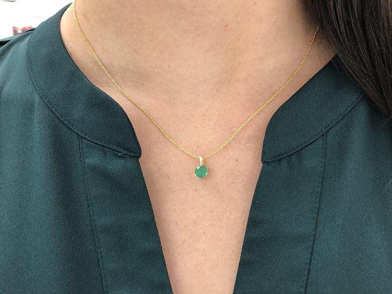 0.80 Carat Dainty Petite Three Prong Round Emerald Pendant 14K