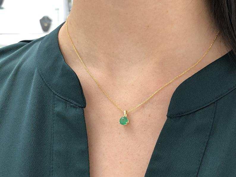 0.80 Carat Dainty Petite Three Prong Round Emerald Pendant 14K
