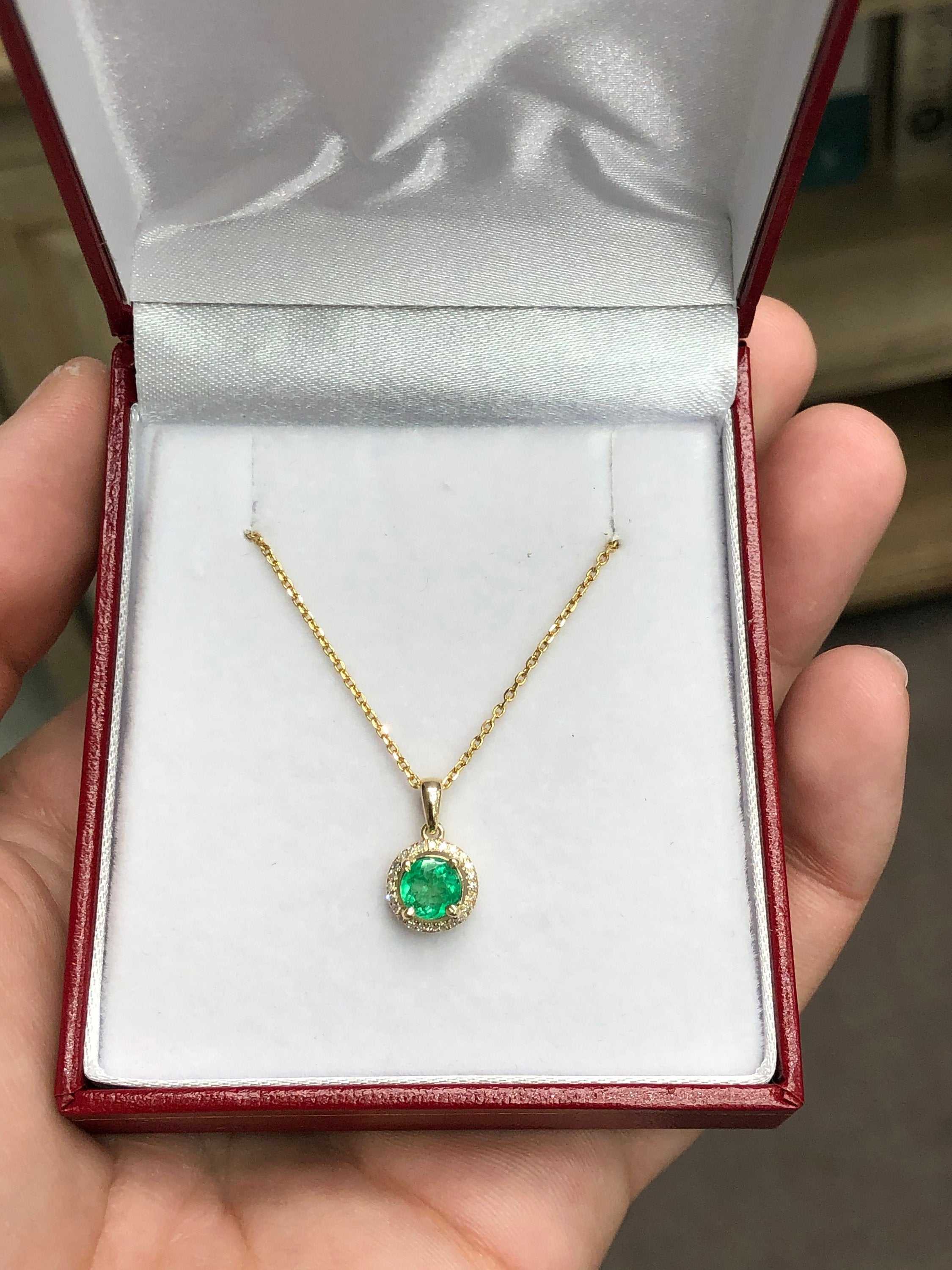 0.80tcw Natural Round Rich Green Emerald & Diamond Pave Halo Pendant 14K