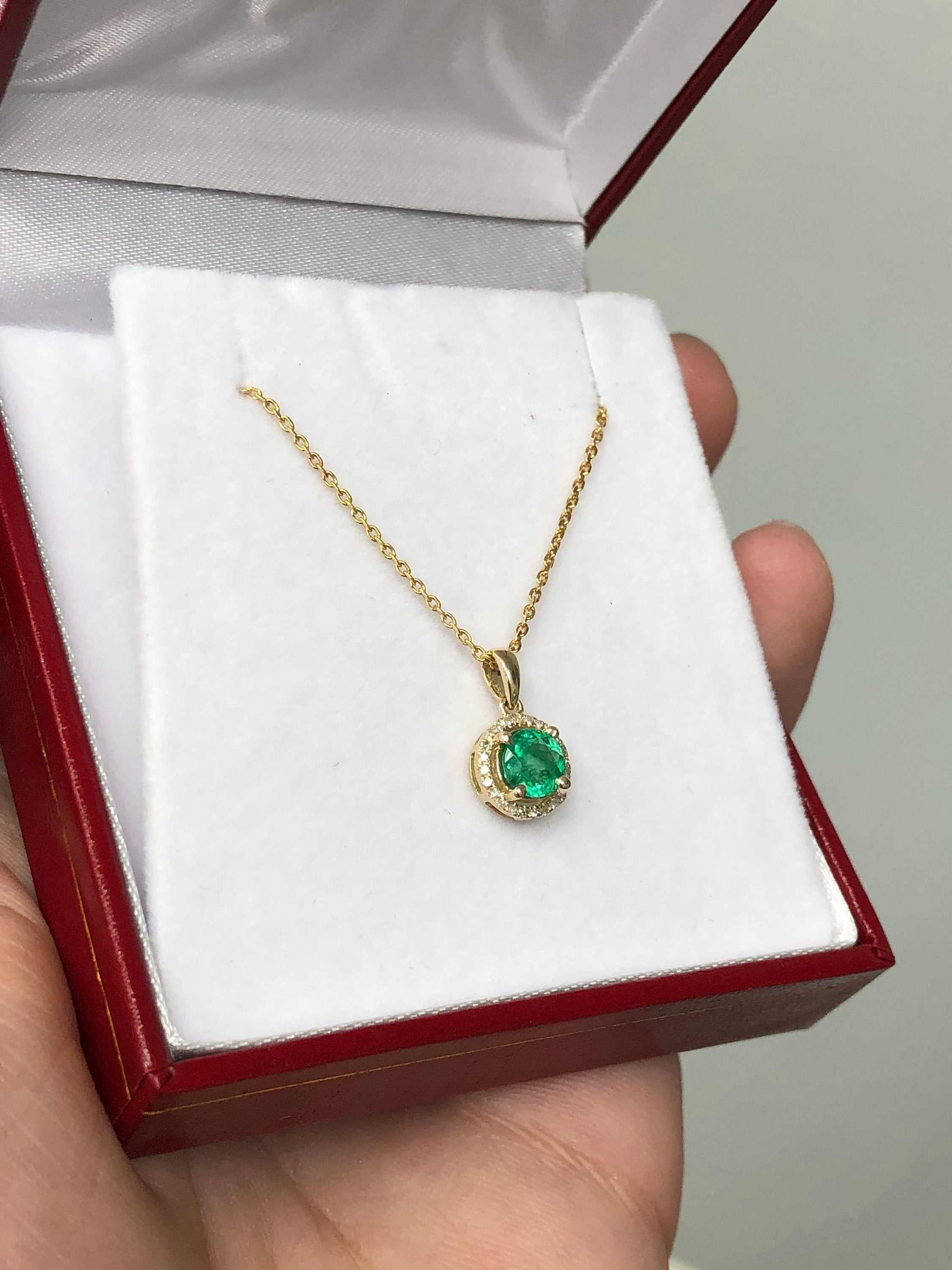 0.80tcw Natural Round Rich Green Emerald & Diamond Pave Halo Pendant 14K