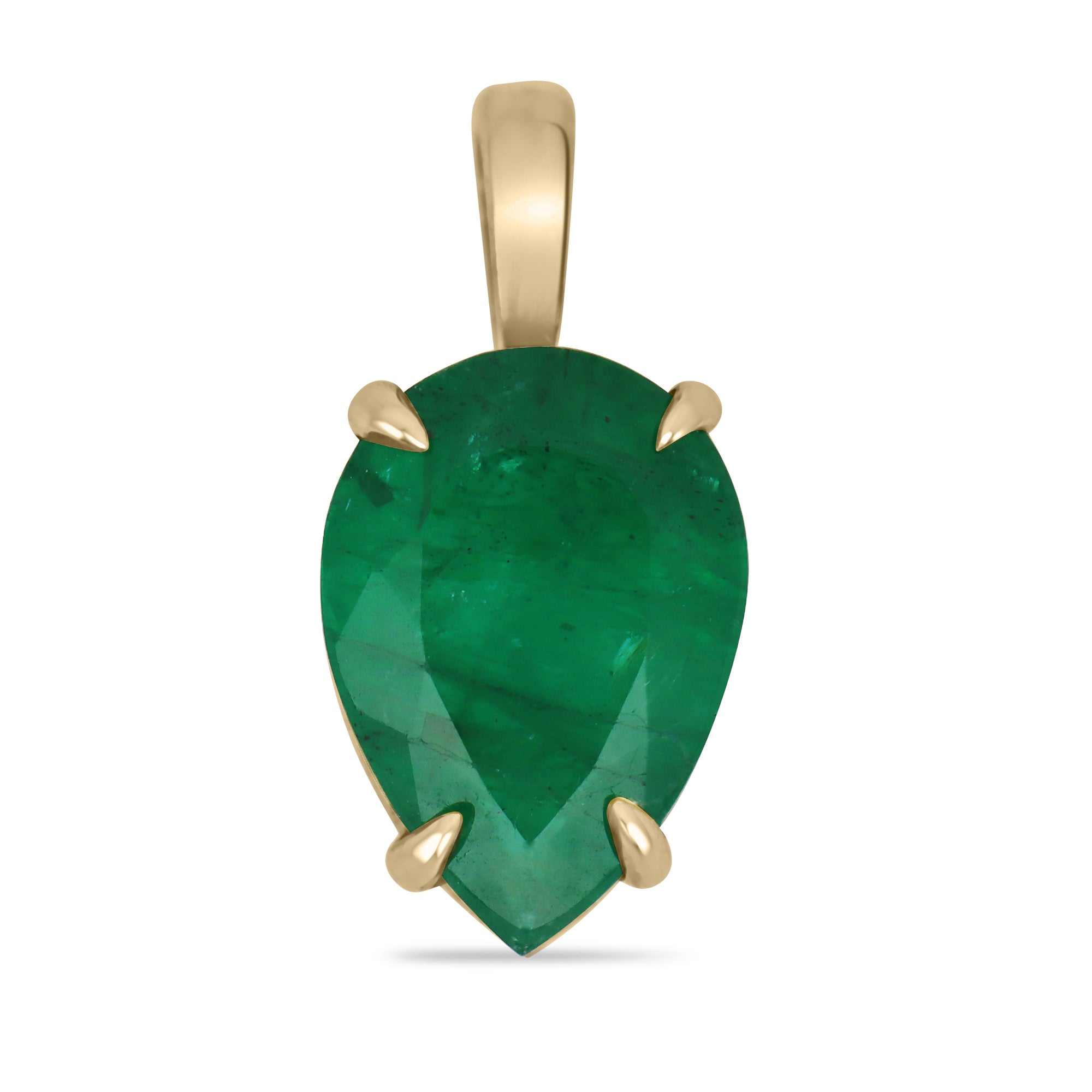 1.70 carat pear-cut Colombian emerald solitaire pendant in 18K yellow gold prong setting