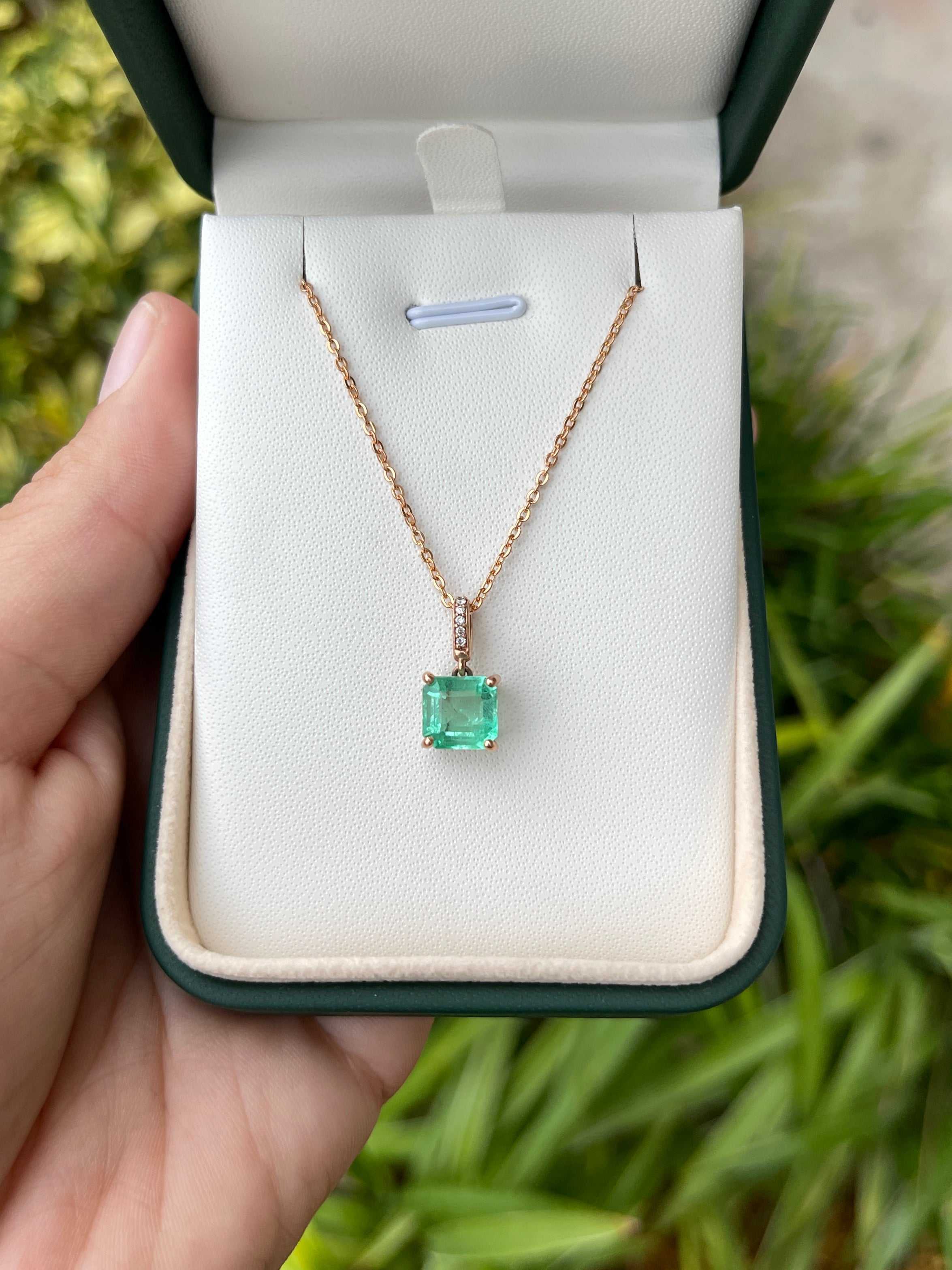 1.95tcw Asscher Colombian Emerald & Diamond Bale Rose Gold Necklace 14