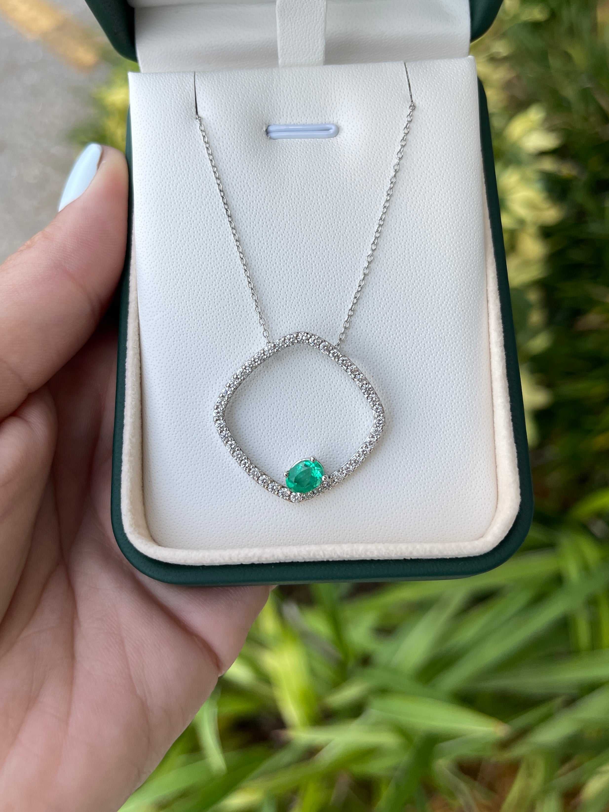 2.40tcw Floating Oval Emerald & Diamond Open Halo Necklace 14K