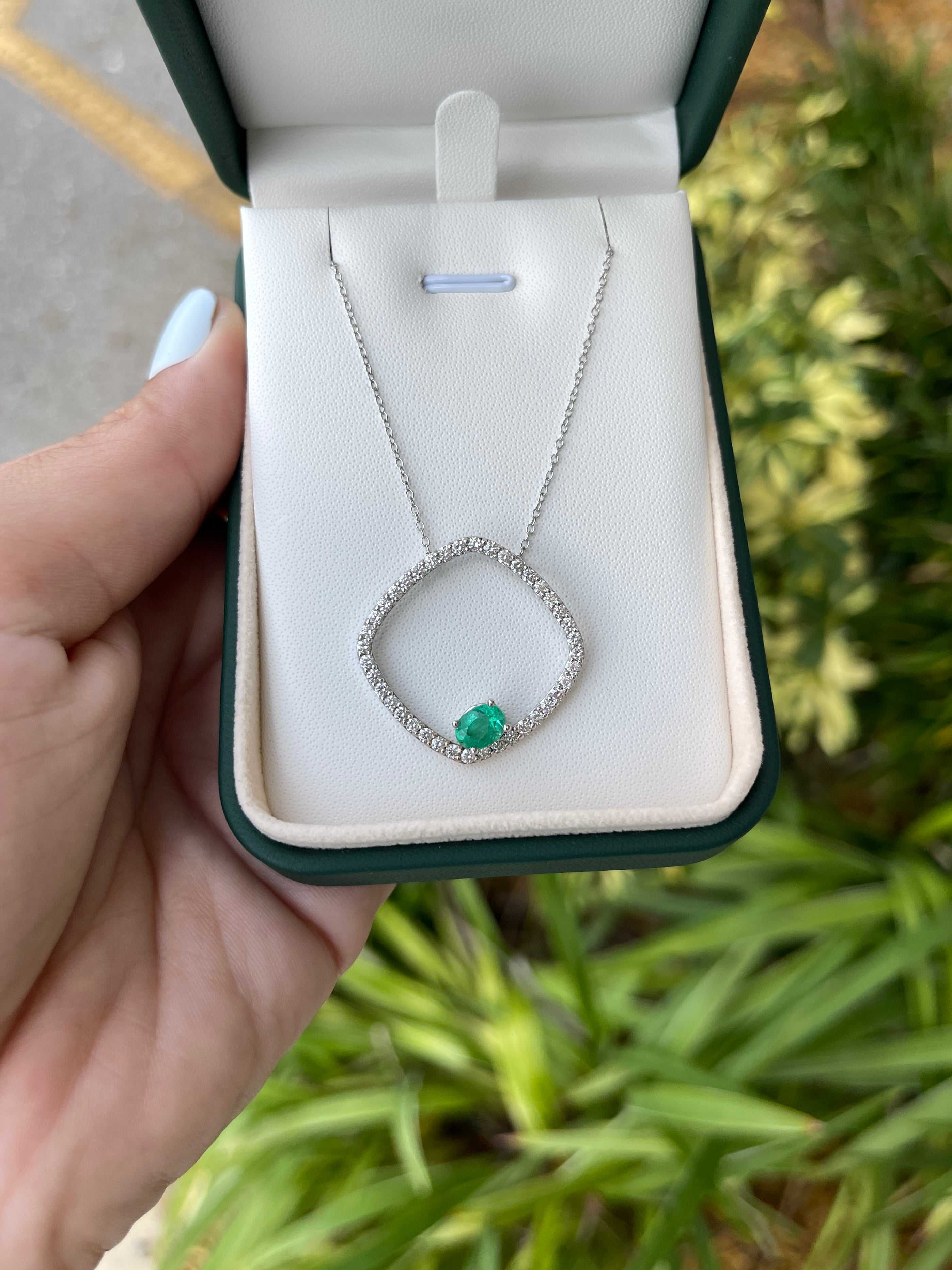 2.40tcw Floating Oval Emerald & Diamond Open Halo Necklace 14K