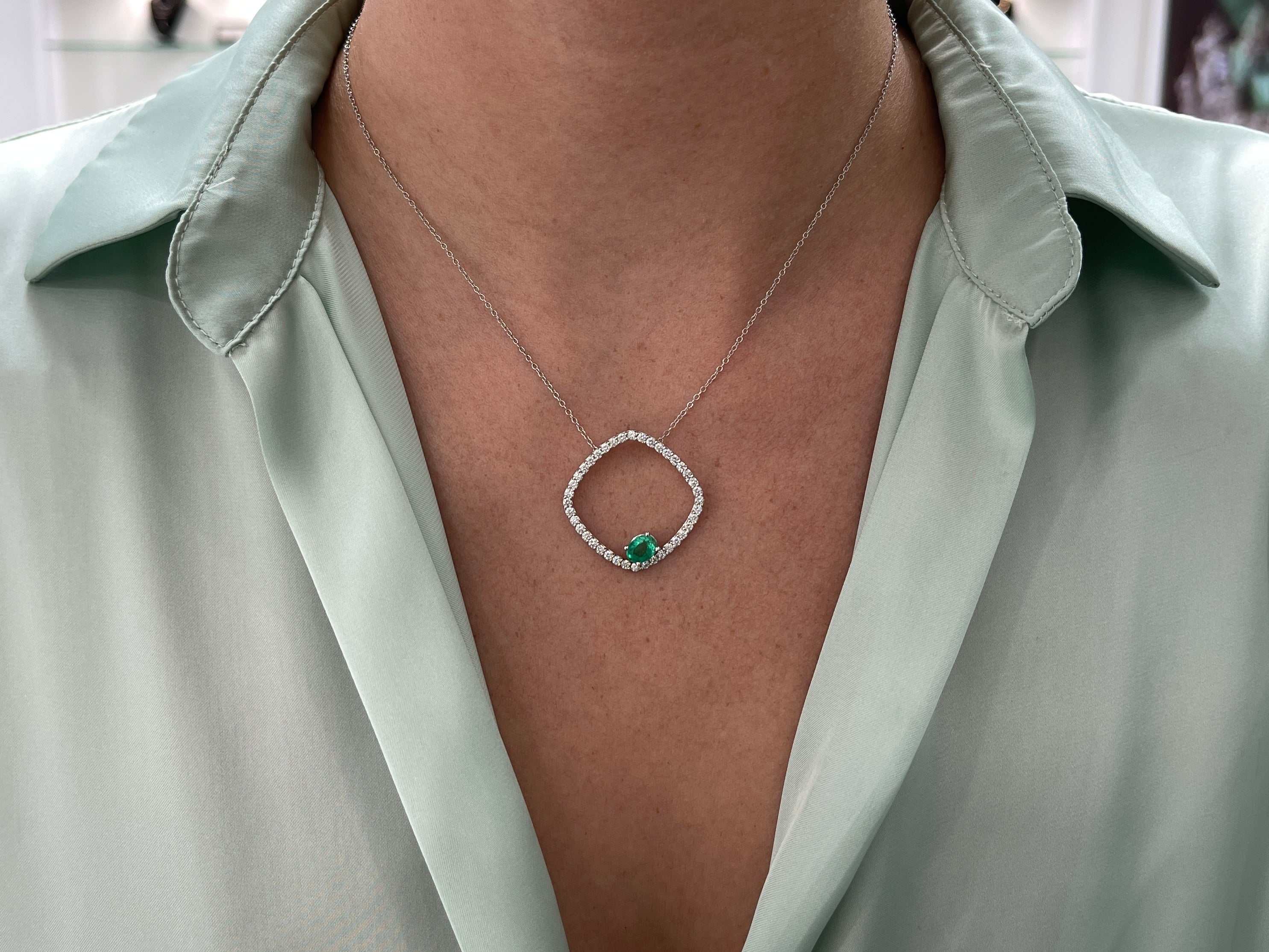 2.40tcw Floating Oval Emerald & Diamond Open Halo Necklace 14K
