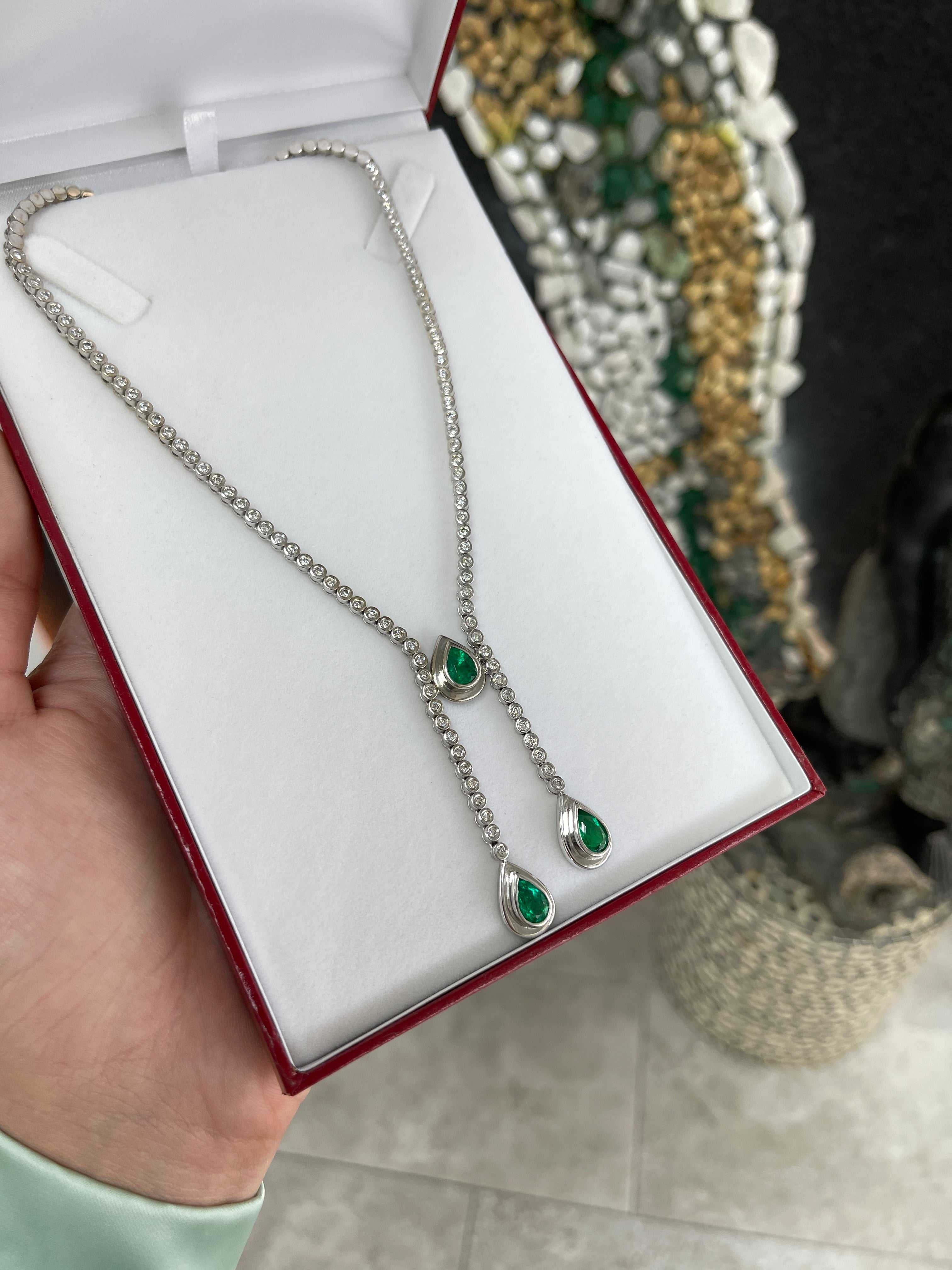 6.36tcw Vintage Pear Emerald & Diamond Lariat Statement Necklace 18K