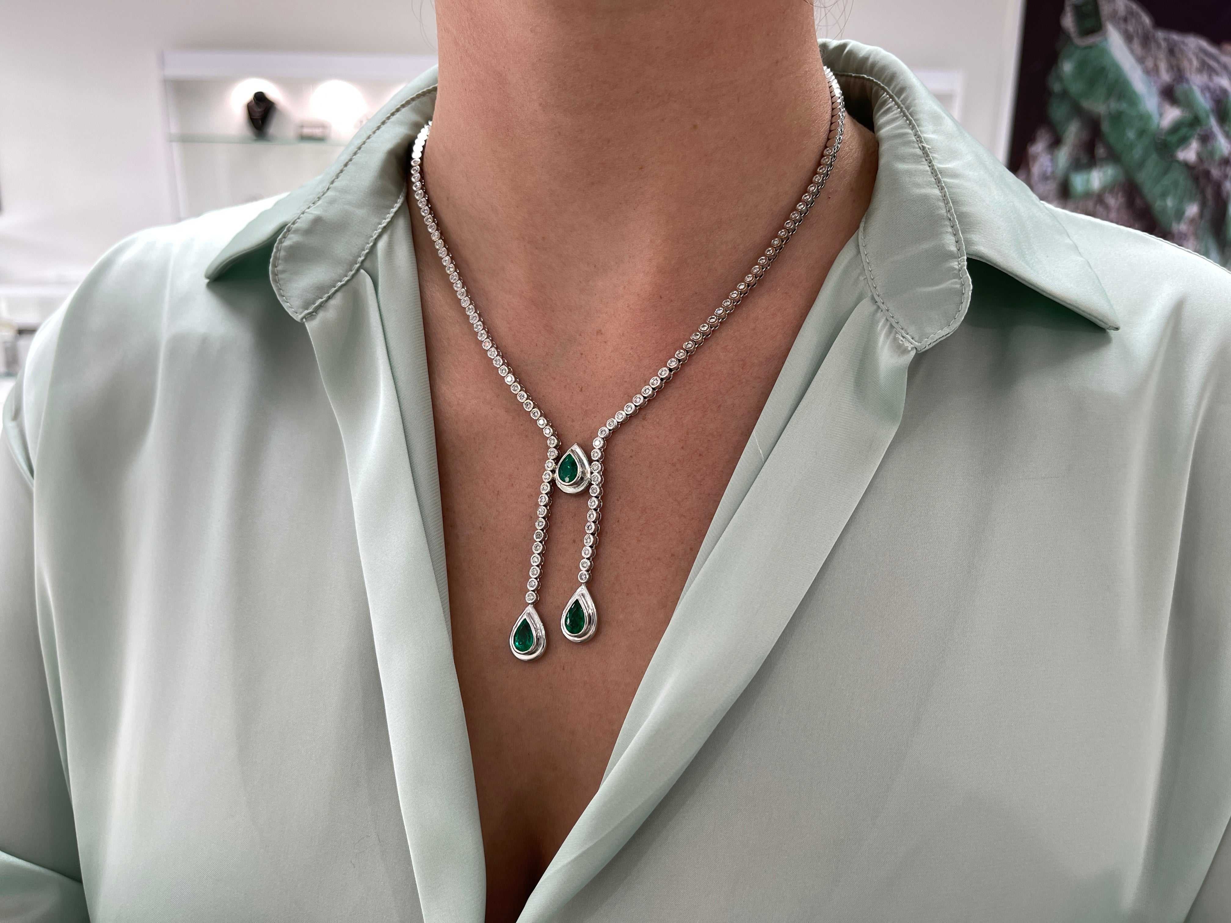 6.36tcw Vintage Pear Emerald & Diamond Lariat Statement Necklace 18K