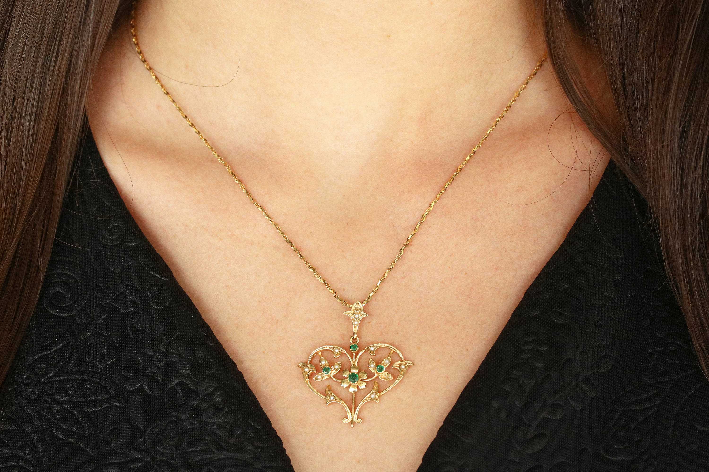 Victorian Colombian emerald and seed pearl heart-shaped pendant on 14K gold chain by JR Colombian Emeralds.