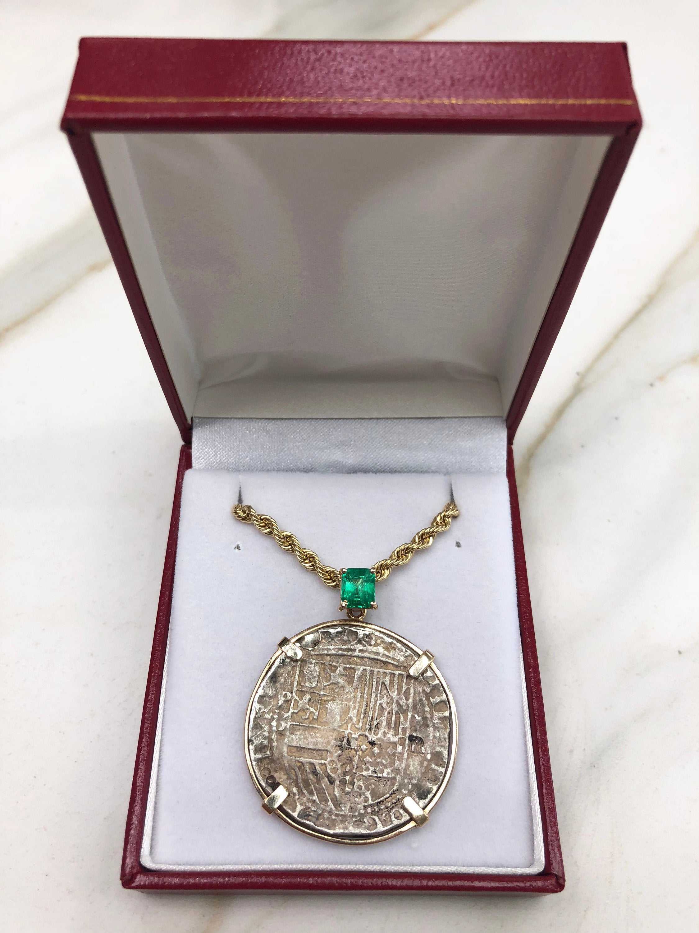 Unisex Atocha shipwreck medallion pendant with emerald cut 1.10 carat yellow gold and silver 14K and 925 sterling silver.