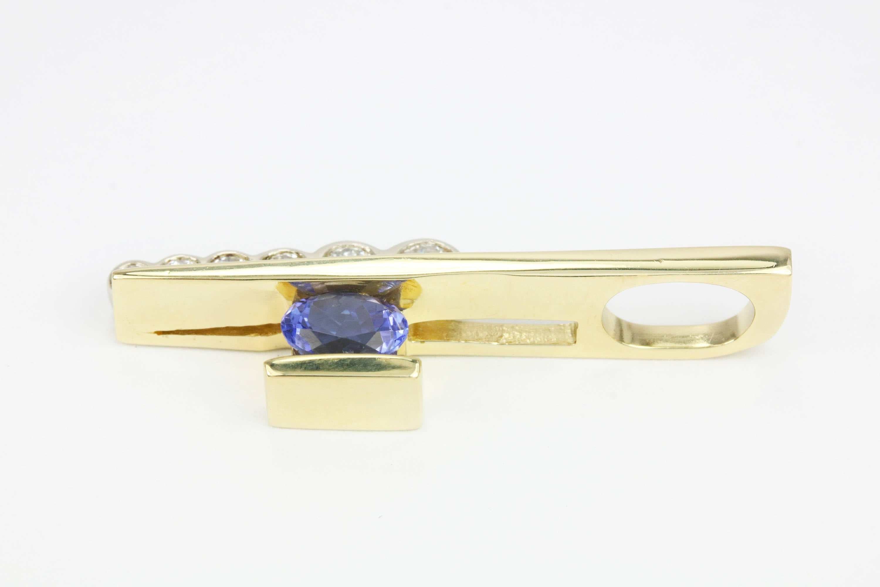1.50tcw Tanzanite & Diamond Gold Bar Pendant 14K