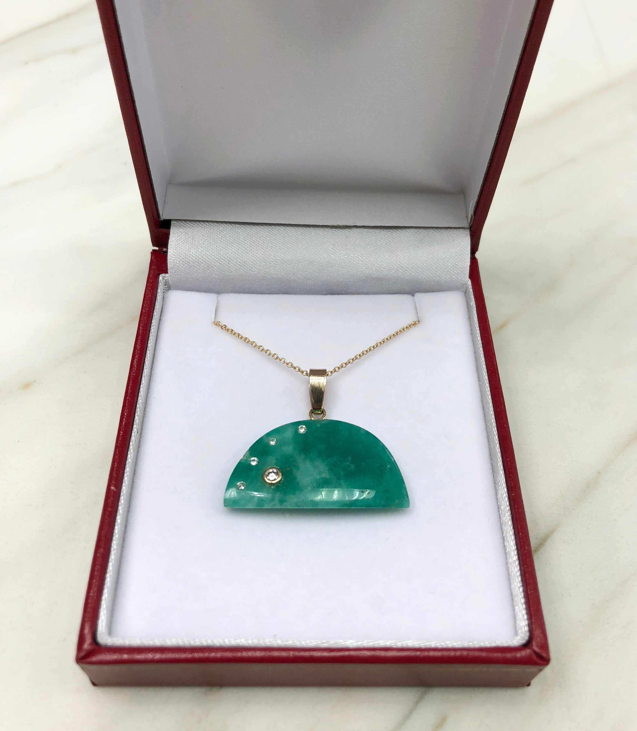 18.47cts Raw Colombian Emerald Slice & Diamond Solitaire Pendant 14K