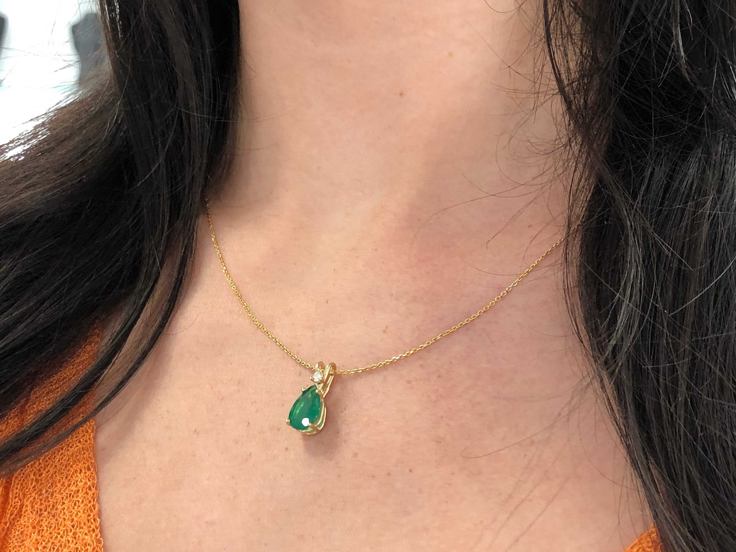 Natural Emerald & Diamond Accent Pear Pendant 14K