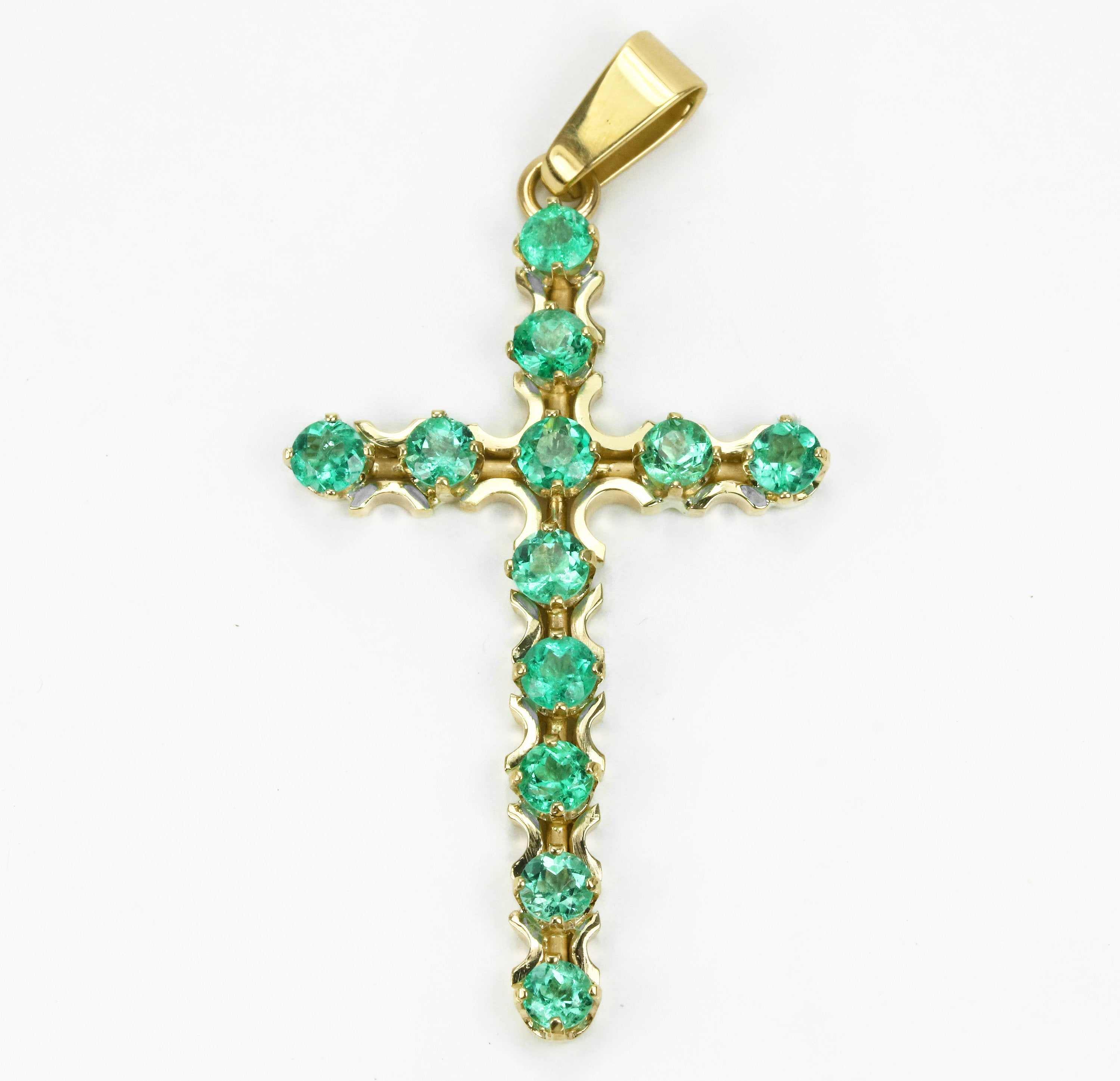2.50 Carats Rich Green Emerald Classic Cross Tennis Pendant Unisex 14K