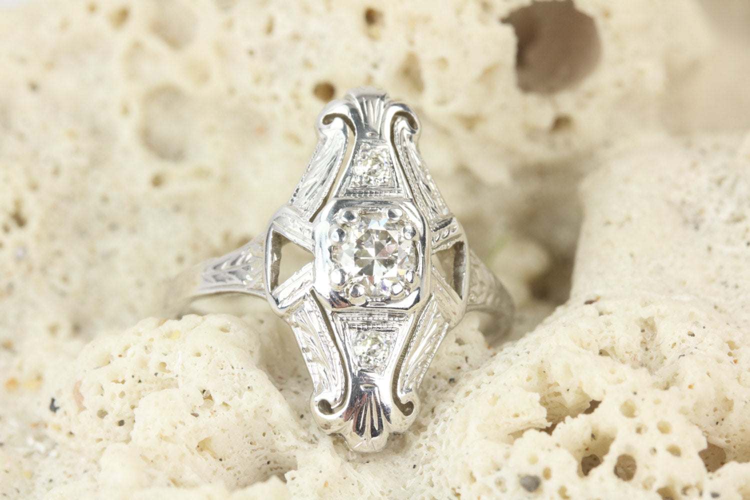 1/2ct Art Deco EMC Diamond Navette Ring 14K