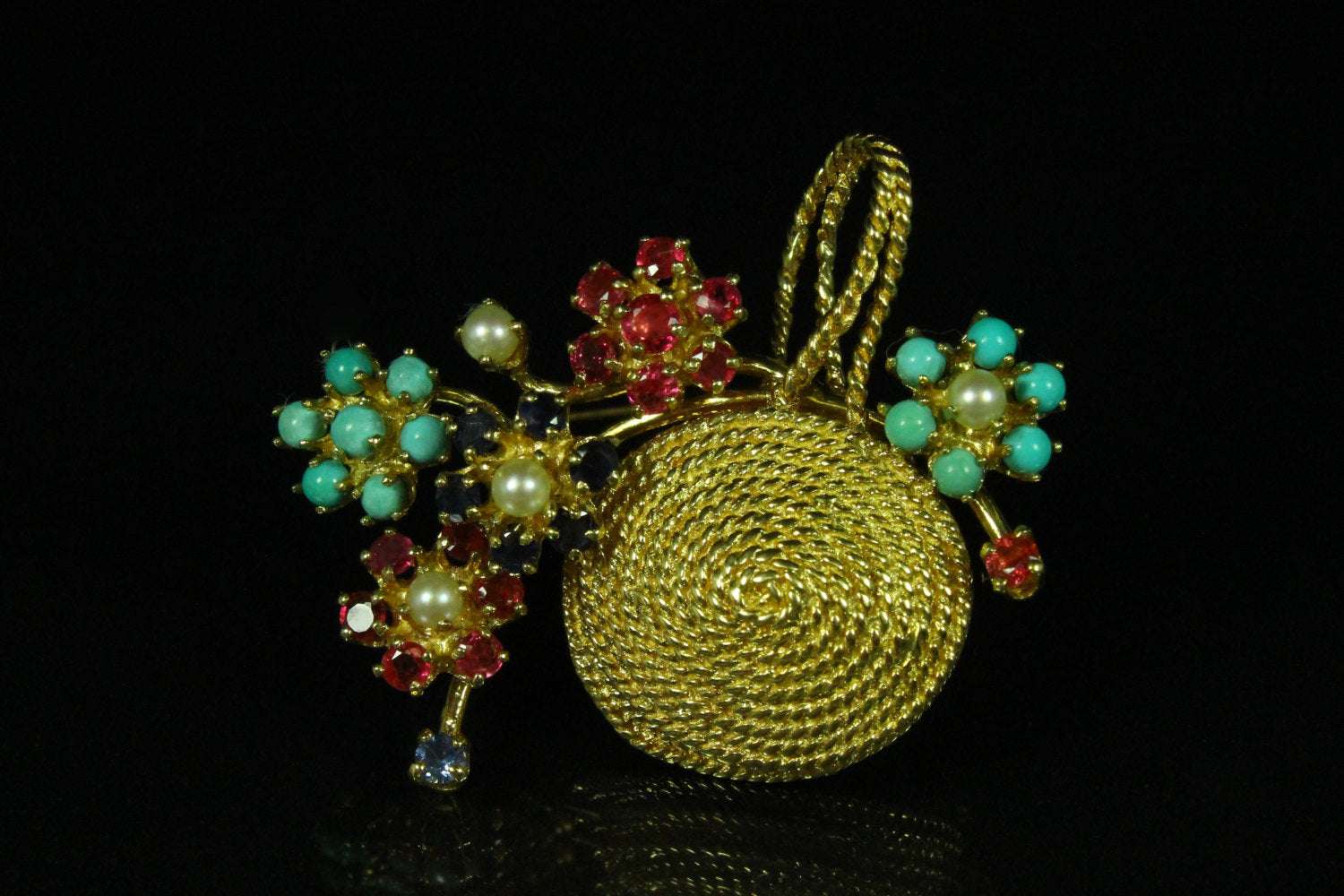 1.15tcw Multi Gemstone & Gold Basket Brooch 14k