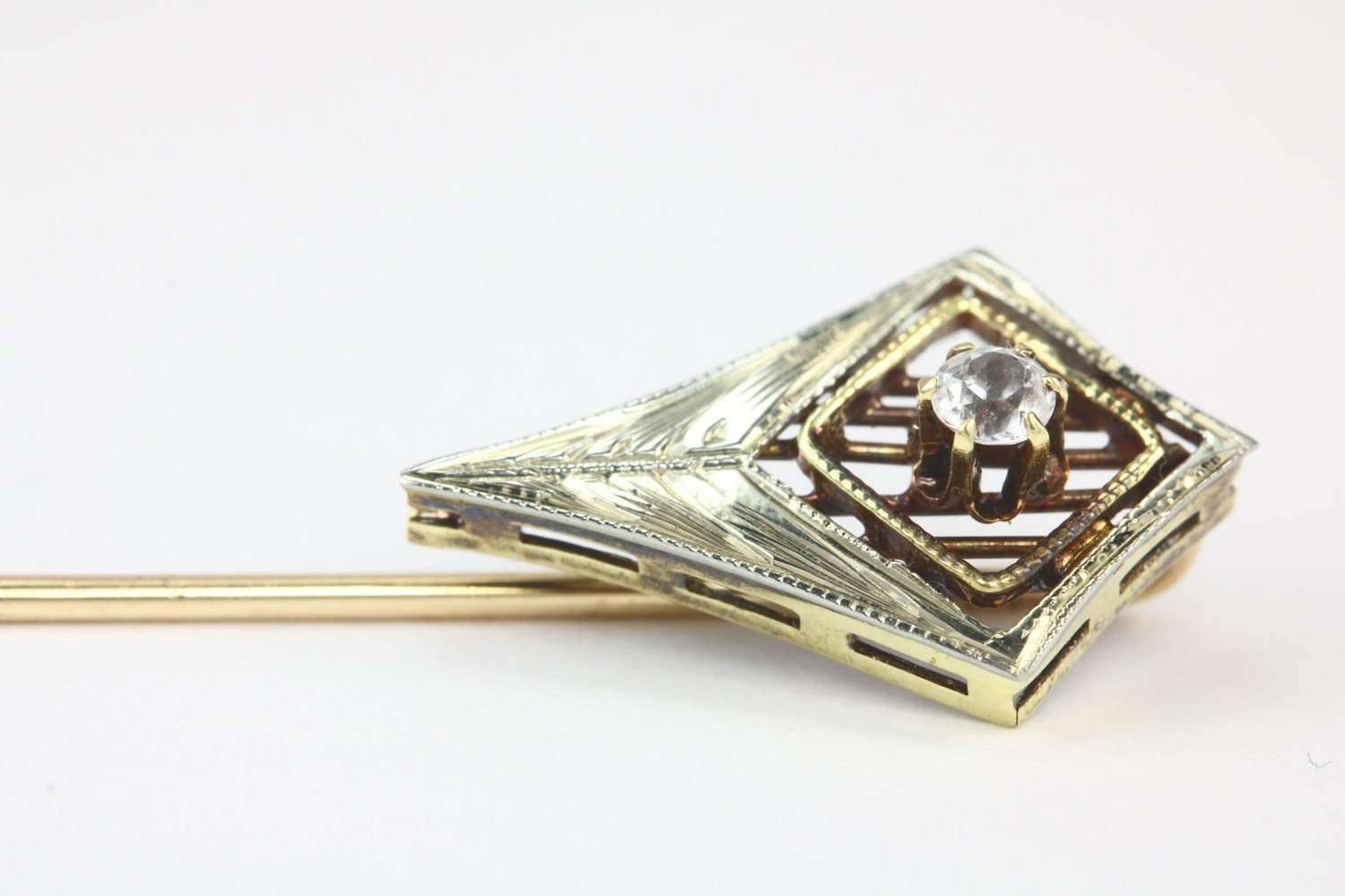 Antique Art Deco White and Yellow Gold Diamond Filigree Stick Pin 14K