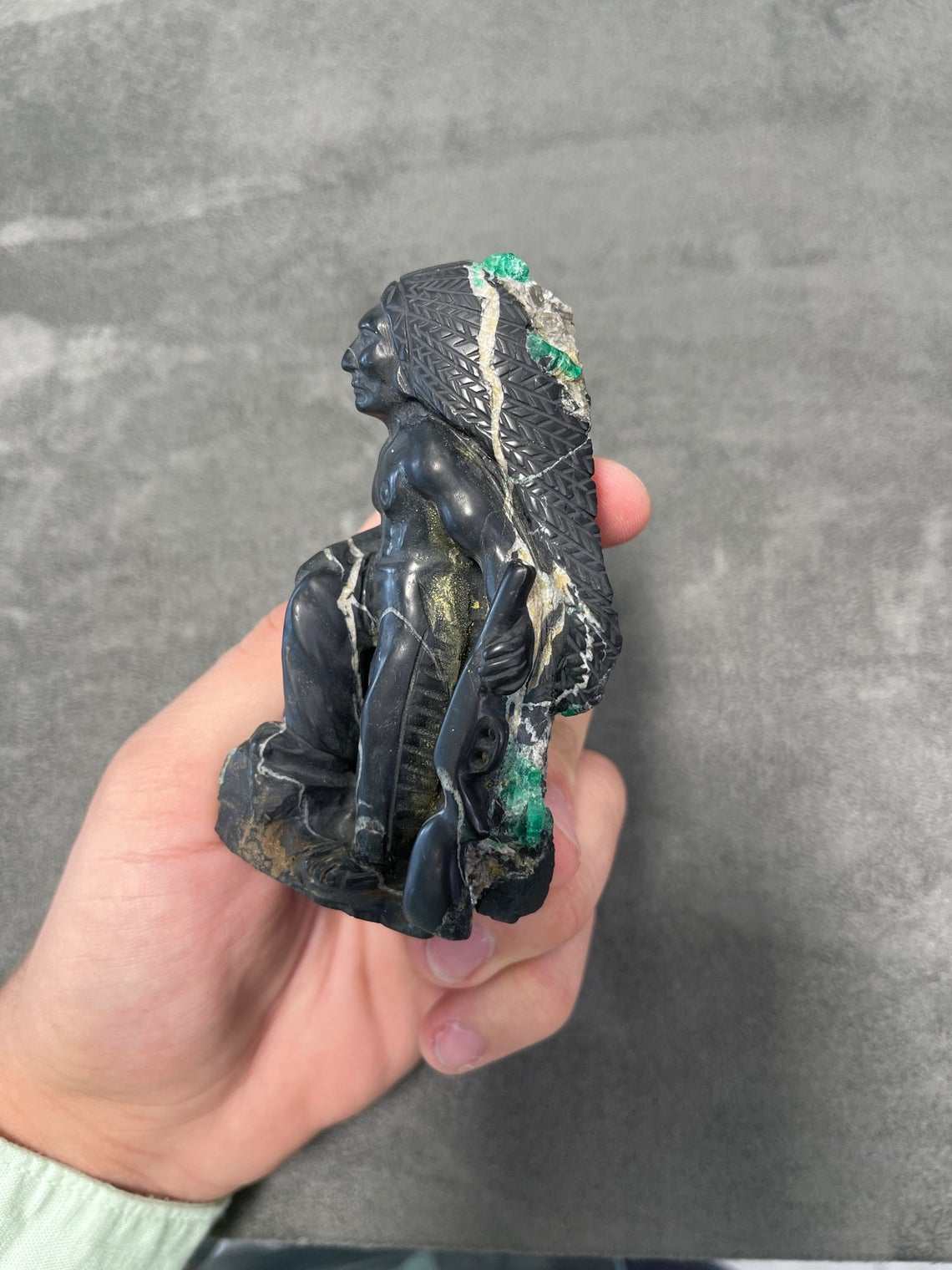 Colombian Emerald Indian with Riffle Rough Crystal Sculpture