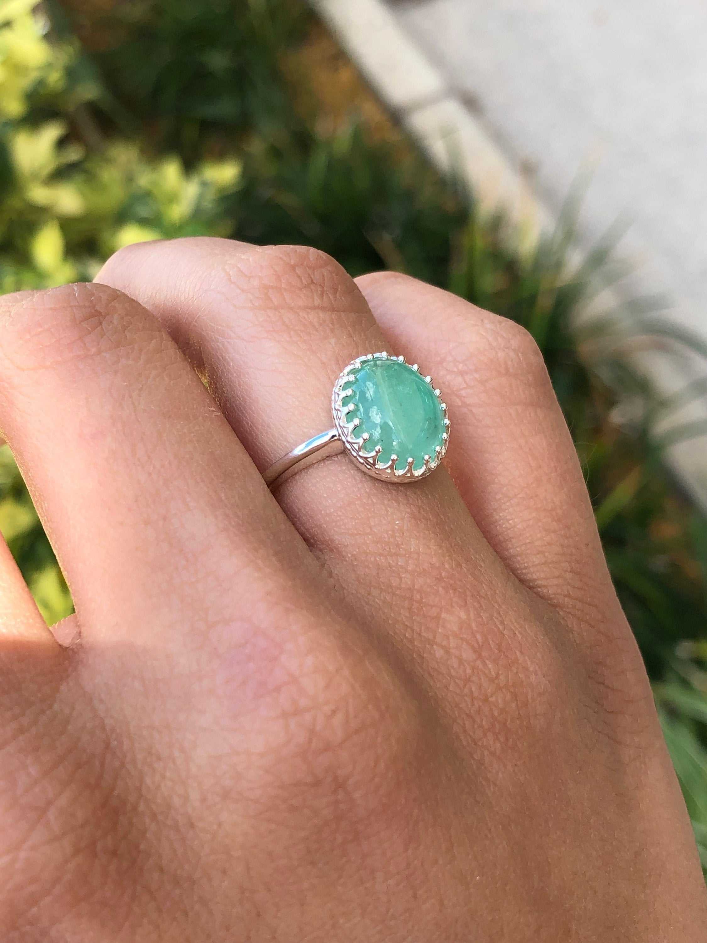 3.70cts Cabochon Emerald Solitaire Silver Engagement Ring