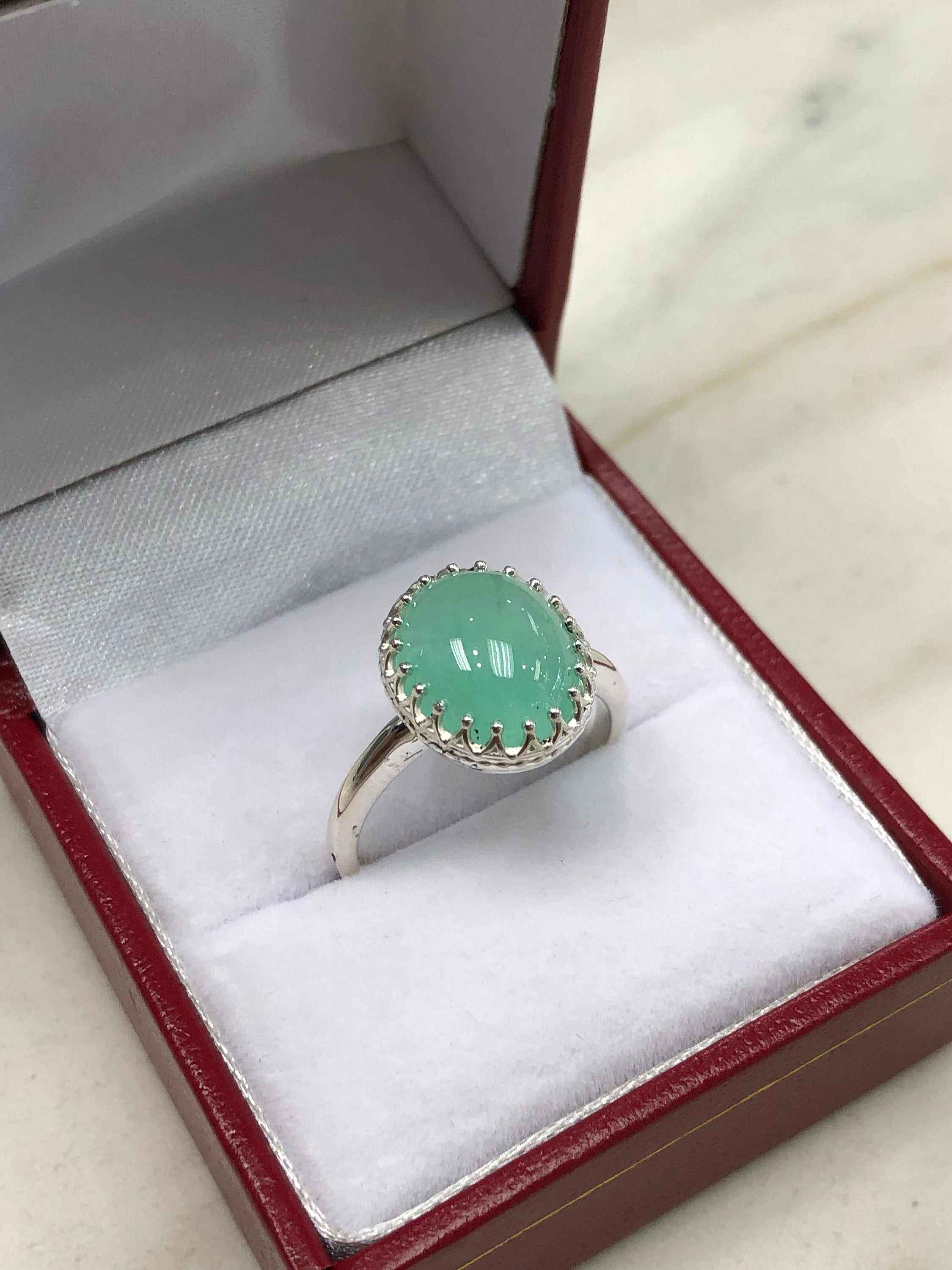 3.70cts Cabochon Emerald Solitaire Silver Engagement Ring