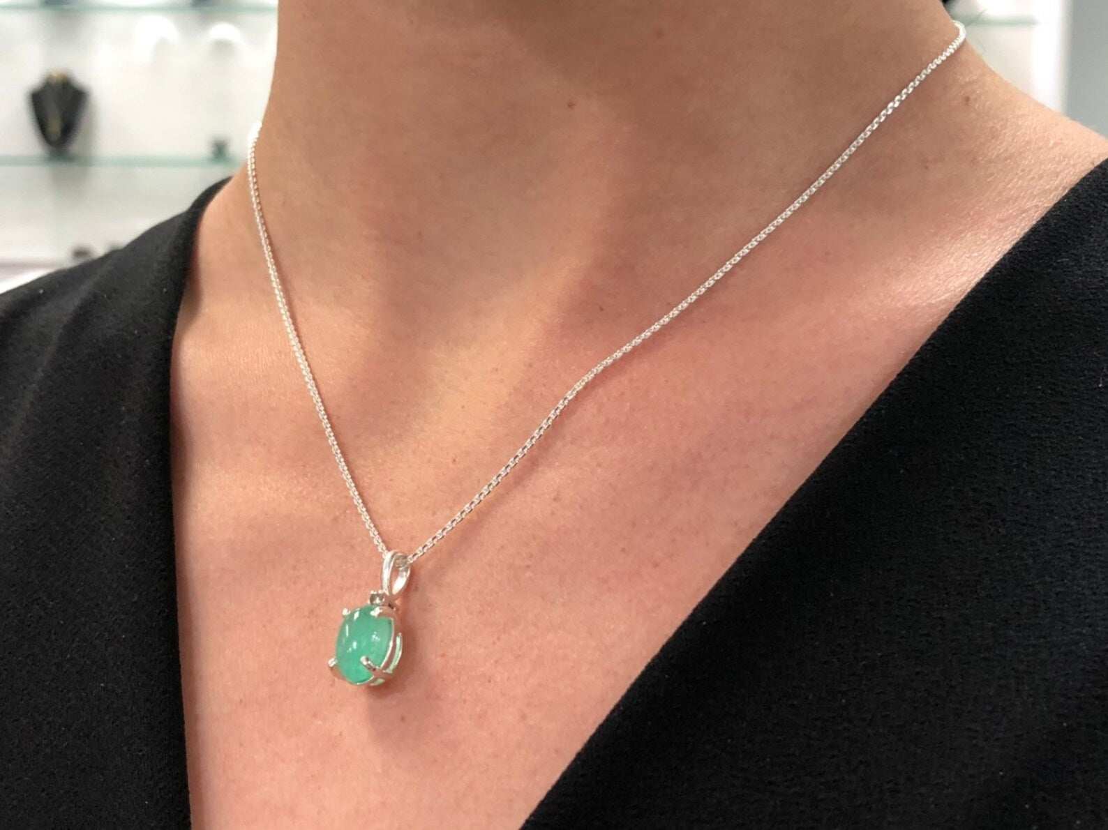 3.37 Carat Rich Green Emerald Cabochon & Diamond Necklace Silver 925 - JR Colombian Emeralds