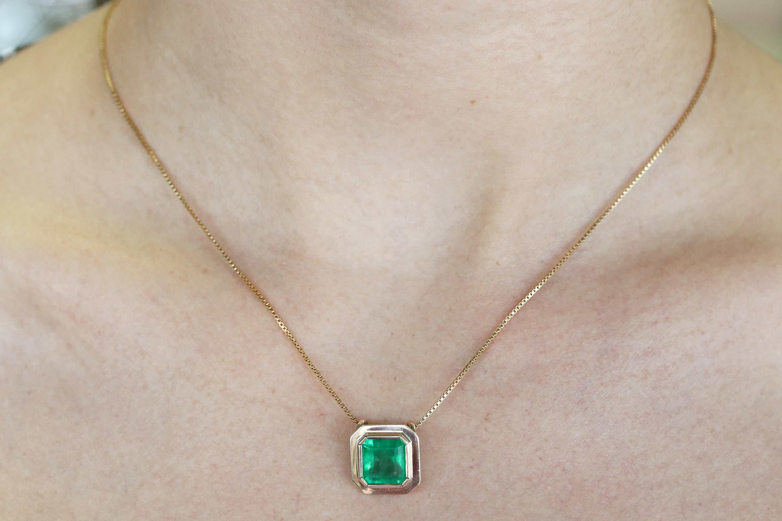 3.0 Carat Bezel Set Asscher Cut Rich Green Emerald Bezel Necklace 14K