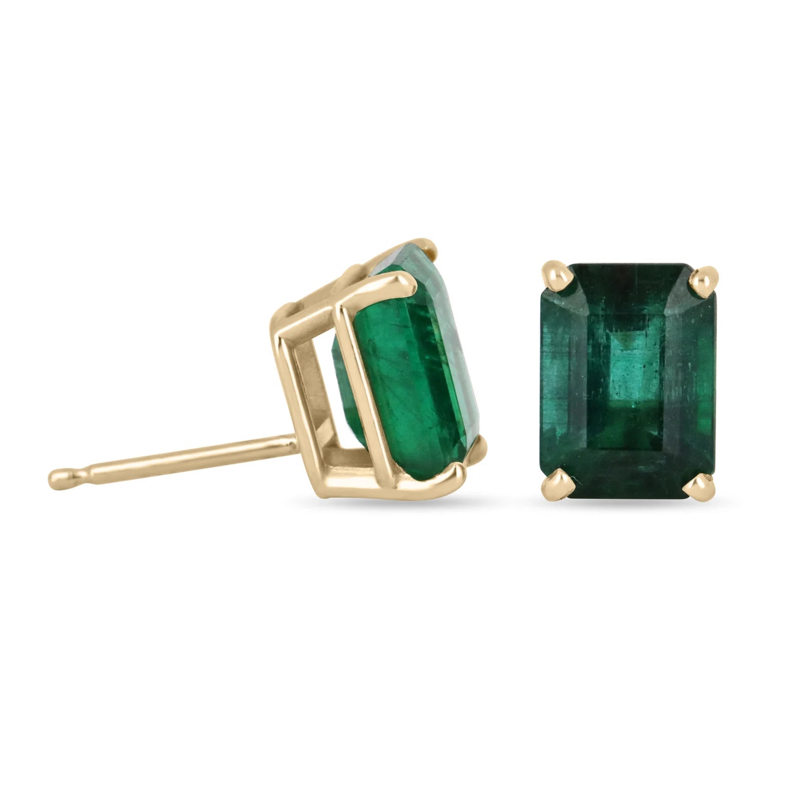 AAA 5.0TCW vivid dark forest green emerald cut solitaire earrings in solid 18K gold by JR Colombian Emeralds