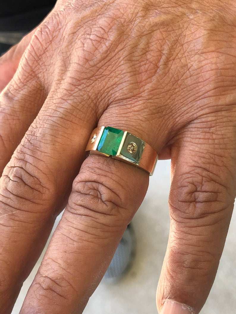 2.05tcw Men's Emerald & Diamond Three Stone Solitaire Ring 14K