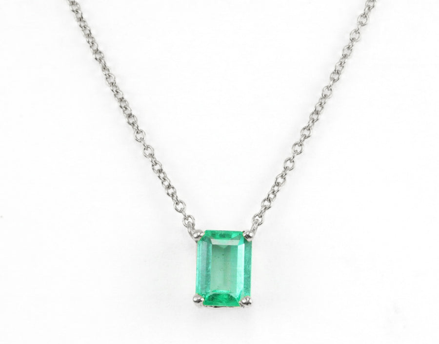 Emerald cut Natural Real Colombian emerald North To South  Necklace in 14K Gold